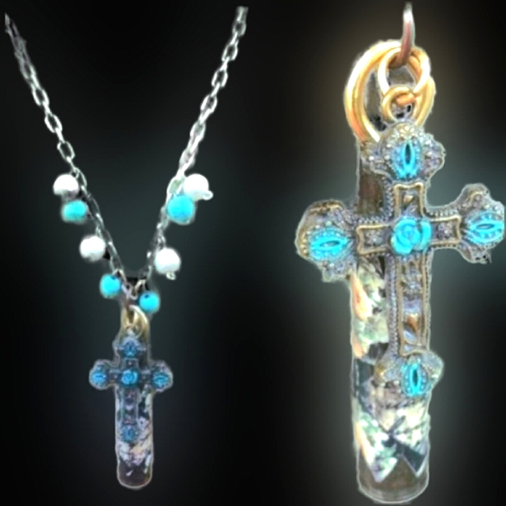 Art deco cross teal roses bullet casing pearls floral decoupage necklace NWT